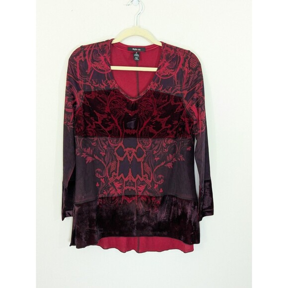 Romantic Goth Fairy Red Black Long Sleeve Velvet Burnout Blouse Renaissance Sz M - Picture 2 of 10